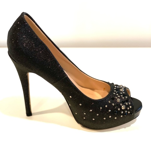 Black Platform peep toe pumps with sparkle 5 inches tall size 7 - Picture 10 of 13